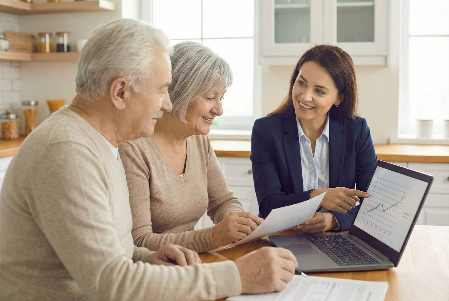 A retired couple discussing flexible equity release plans, including drawdown options, with a financial adviser on a laptop in their kitchen.