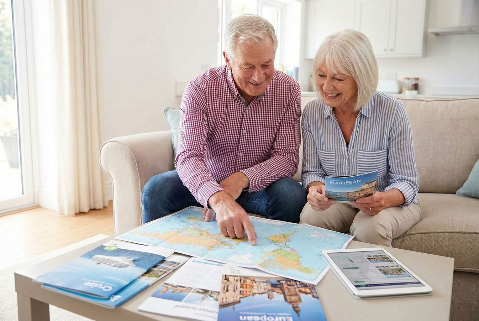 A happy retired couple relaxing together outdoors while planning their next holiday, representing the disposable income and lifestyle freedom secured by a later life mortgage.