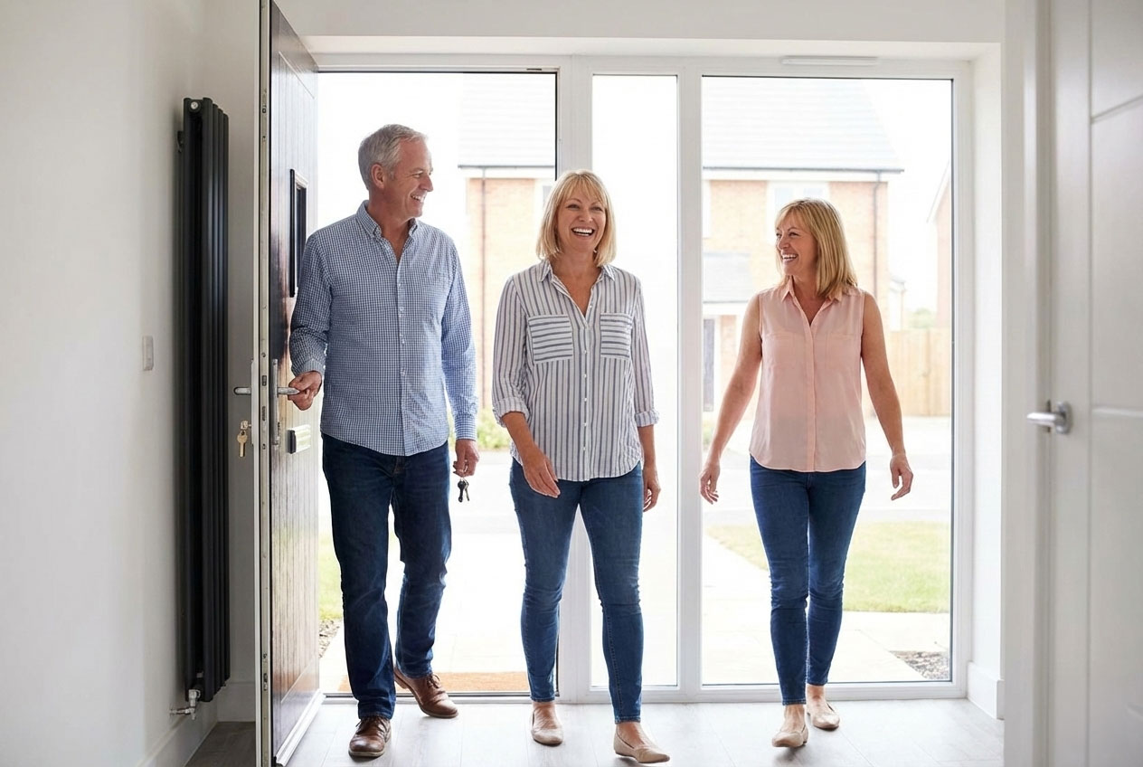 A happy retired couple walking through the front door of their new modern home, symbolizing the freedom to move house using a later life mortgage.